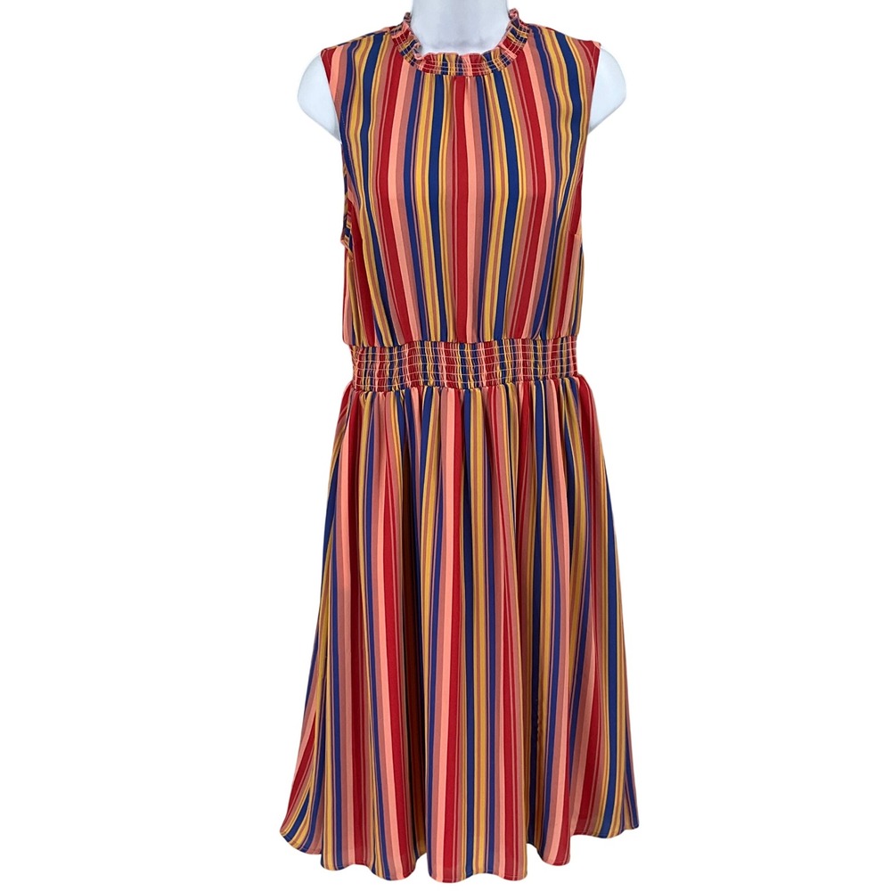 ModCloth Midi Dress Womens M Multi Color Stripe Smocked Mock Neck Boho Retro